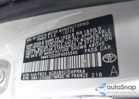 2015 Toyota Yaris Le z USA, uszkodzony, nr VIN VNKKTUD30FA055540